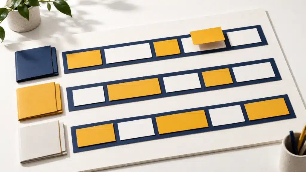 Un consultant organise des blocs de travail séparés sur un plan de charge en papier.