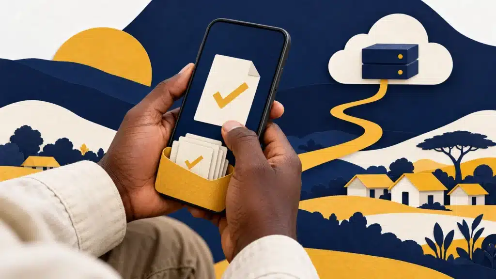 Des mains utilisent un téléphone pour enregistrer des enquêtes de terrain avant leur synchronisation.