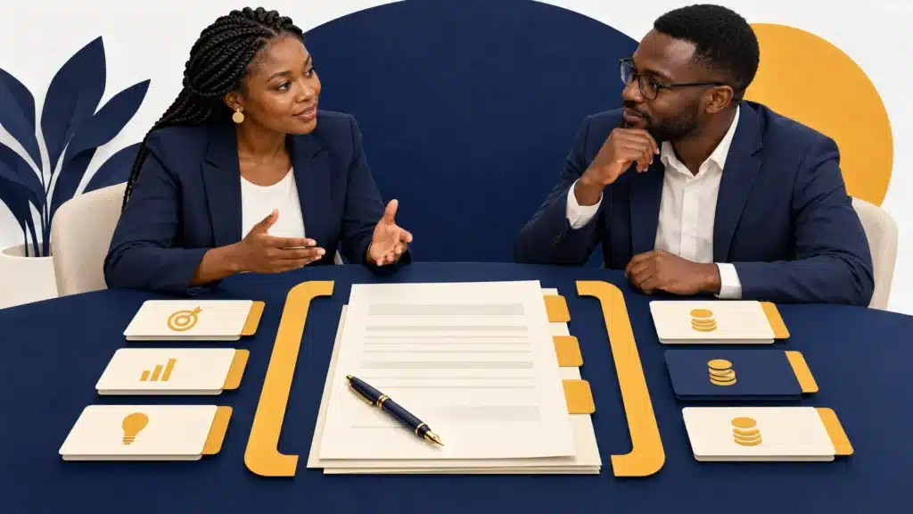 Une consultante et son client examinent un contrat organisé par livrables et jalons.